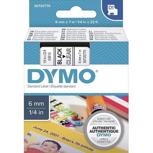 DYMO S0720770 Black on Clear D1 Label Tape - 6mm x 7m