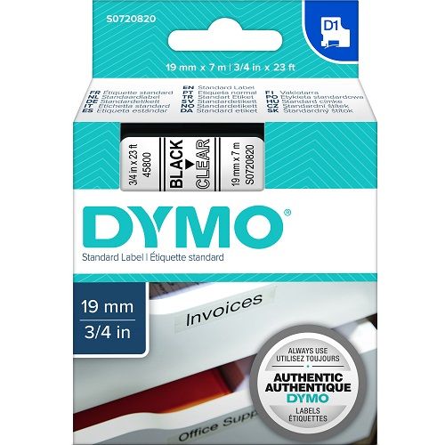 DYMO S0720820 Black on Clear D1 Label Tape - 19mm x 7m
