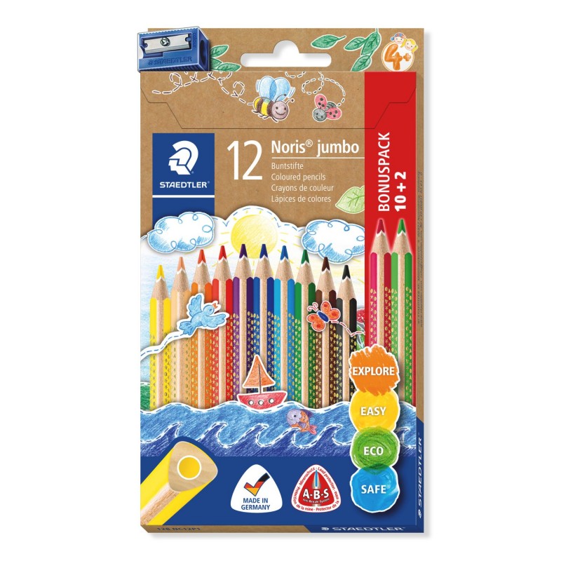 Staedtler Noris Jumbo Coloured Pencils with Sharpener Assorted Colours, Box of 12 Staedtler Noris Jumbo Coloured Pencils with Sharpener Assorted Colours, Box of 12