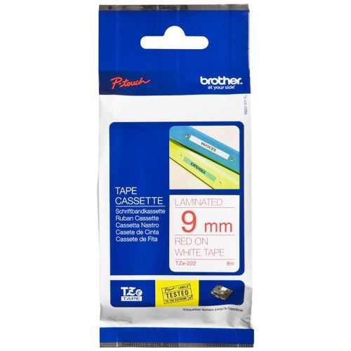 Brother TZe-222 Red on White Laminated Label Tape - 9mm x 8m