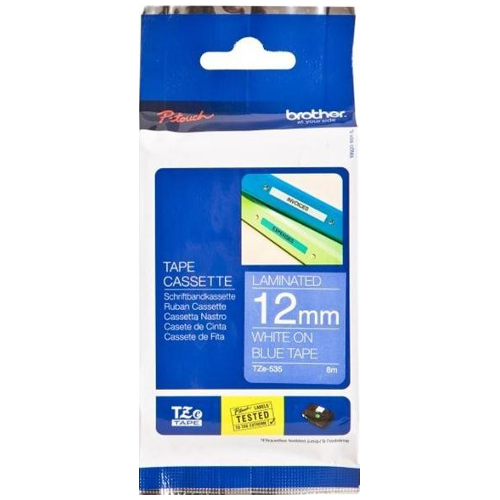 Brother TZe-535 White on Blue Laminated Label Tape - 12mm x 8m