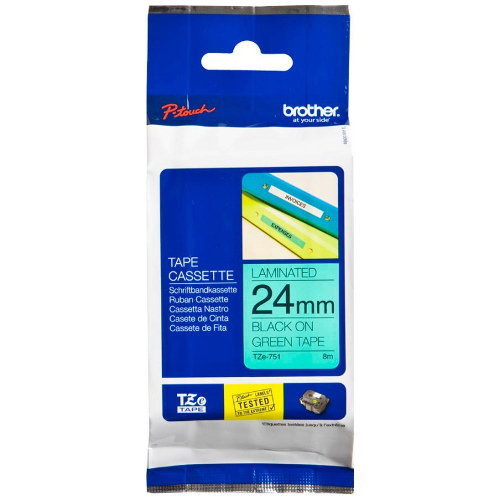 Brother TZe-751 Black on Green Laminated Label Tape - 24mm x 8m