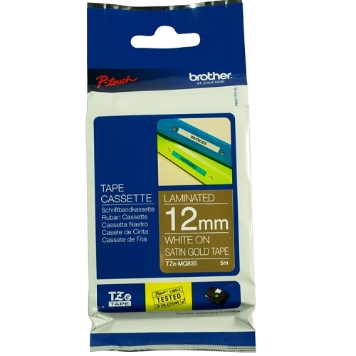 Brother TZe-MQ835 White on Satin Gold Laminated Label Tape - 12mm x 5m
