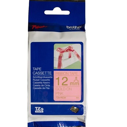 Brother TZe-RE34 Gold on Pink Ribbon Label Tape - 12mm x 4m