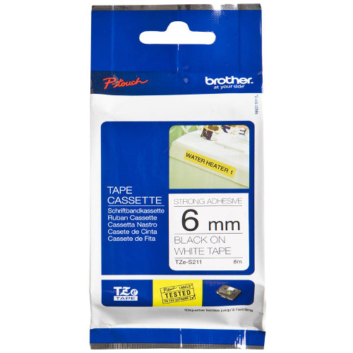 Brother TZe-S211 Black on White Strong Adhesive Label Tape - 6mm x 8m