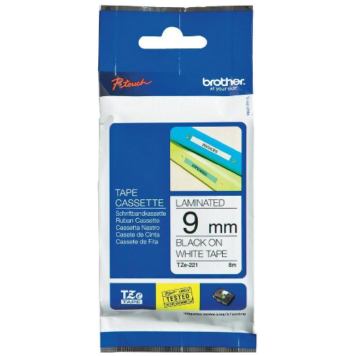 Brother TZe-S221 Black on White Strong Adhesive Label Tape - 9mm x 8m