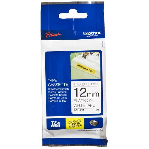 Brother TZe-S231 Black on White Strong Adhesive Label Tape - 12mm x 8m