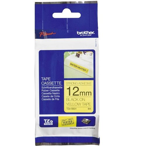 Brother TZe-S631 Black on Yellow Strong Adhesive Label Tape - 12mm x 8m