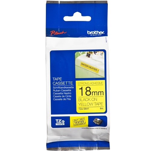 Brother TZe-S641 Black on Yellow Strong Adhesive Label Tape - 18mm x 8m