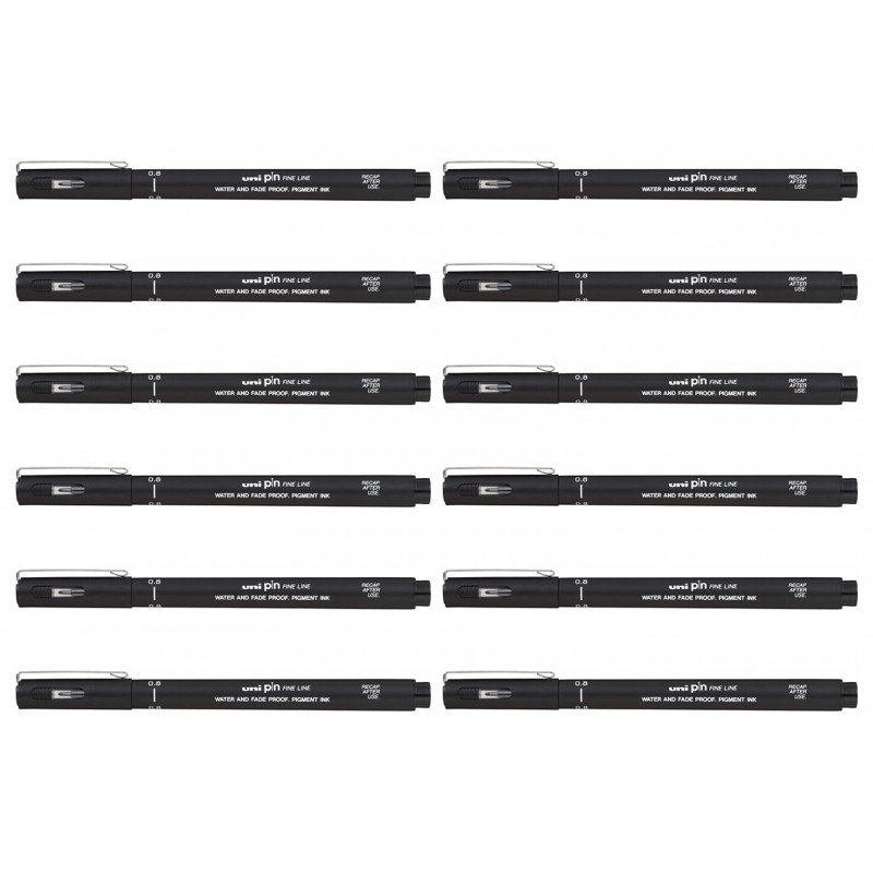 uni Pin Fineliners 0.8 mm Black, Box of 12 uni Pin Fineliners 0.8 mm Black, Box of 12