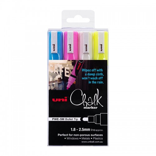 uni Chalk Markers Bullet Tip 2.5mm - Assorted Colours - Pack of 4 uni Chalk Markers Bullet Tip 2.5mm - Assorted Colours - Pack of 4