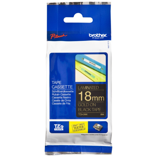 Brother TZe-344 Gold on Black Laminated Label Tape - 18mm x 8m