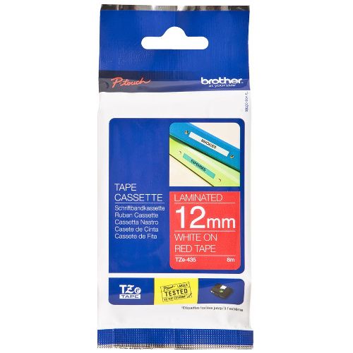 Brother TZe-435 White on Red Laminated Label Tape - 12mm x 8m