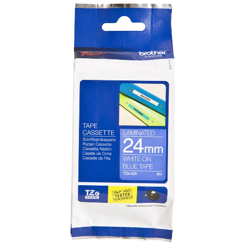 Brother TZe-555 White on Blue Laminated Label Tape - 24mm x 8m