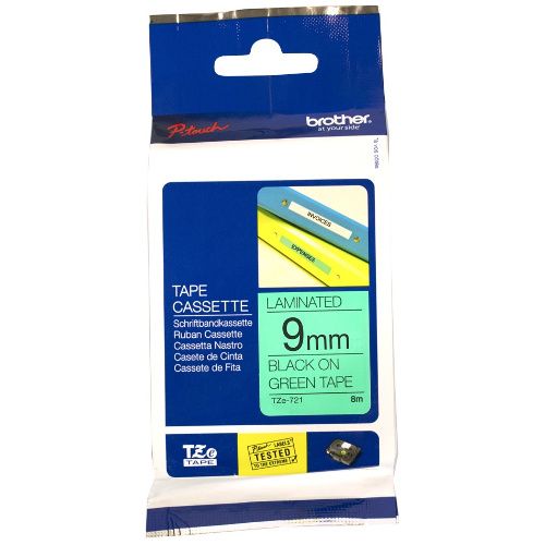 Brother TZe-721 Black on Green Laminated Label Tape - 9mm x 8m