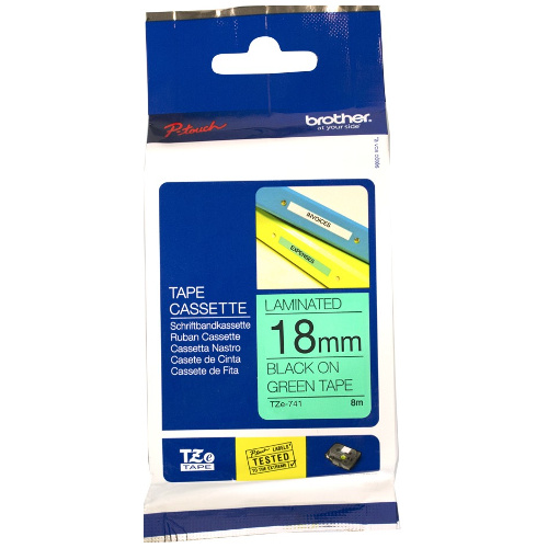 Brother TZe-741 Black on Green Laminated Label Tape - 18mm x 8m