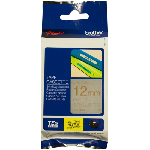Brother TZe-MQ934 Gold on Satin Silver Laminated Label Tape - 12mm x 8m