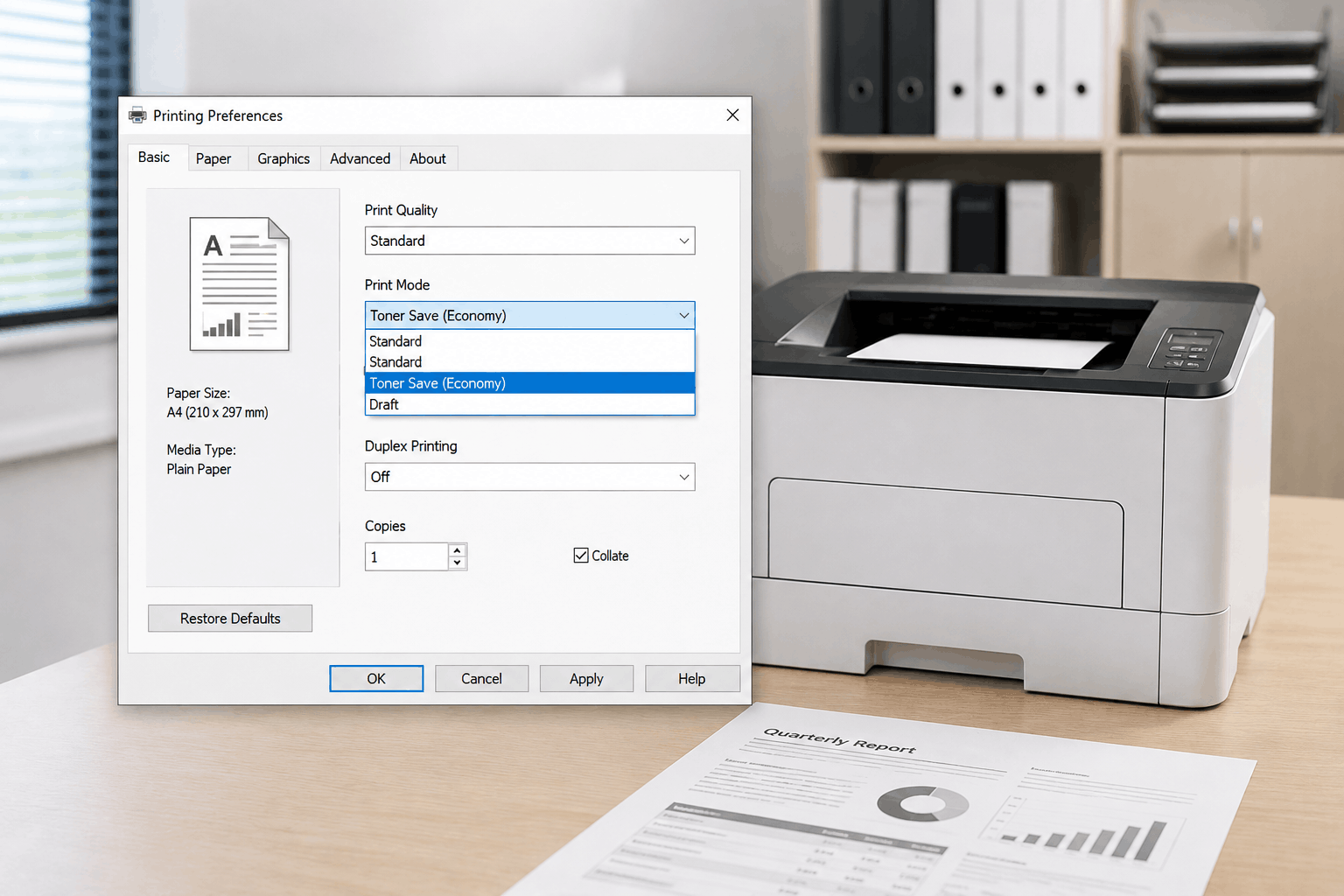 Simplified printer driver dialog showing a toner economy or draft mode toggle
