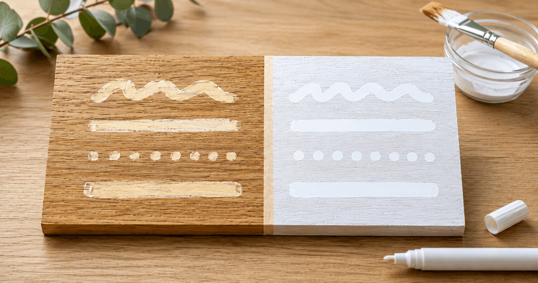 A clear product test on raw Tasmanian Oak showing how wood tannins discolor white paint marker lines without a primer, compared to a clean, bright finish achieved using an acrylic gesso barrier.