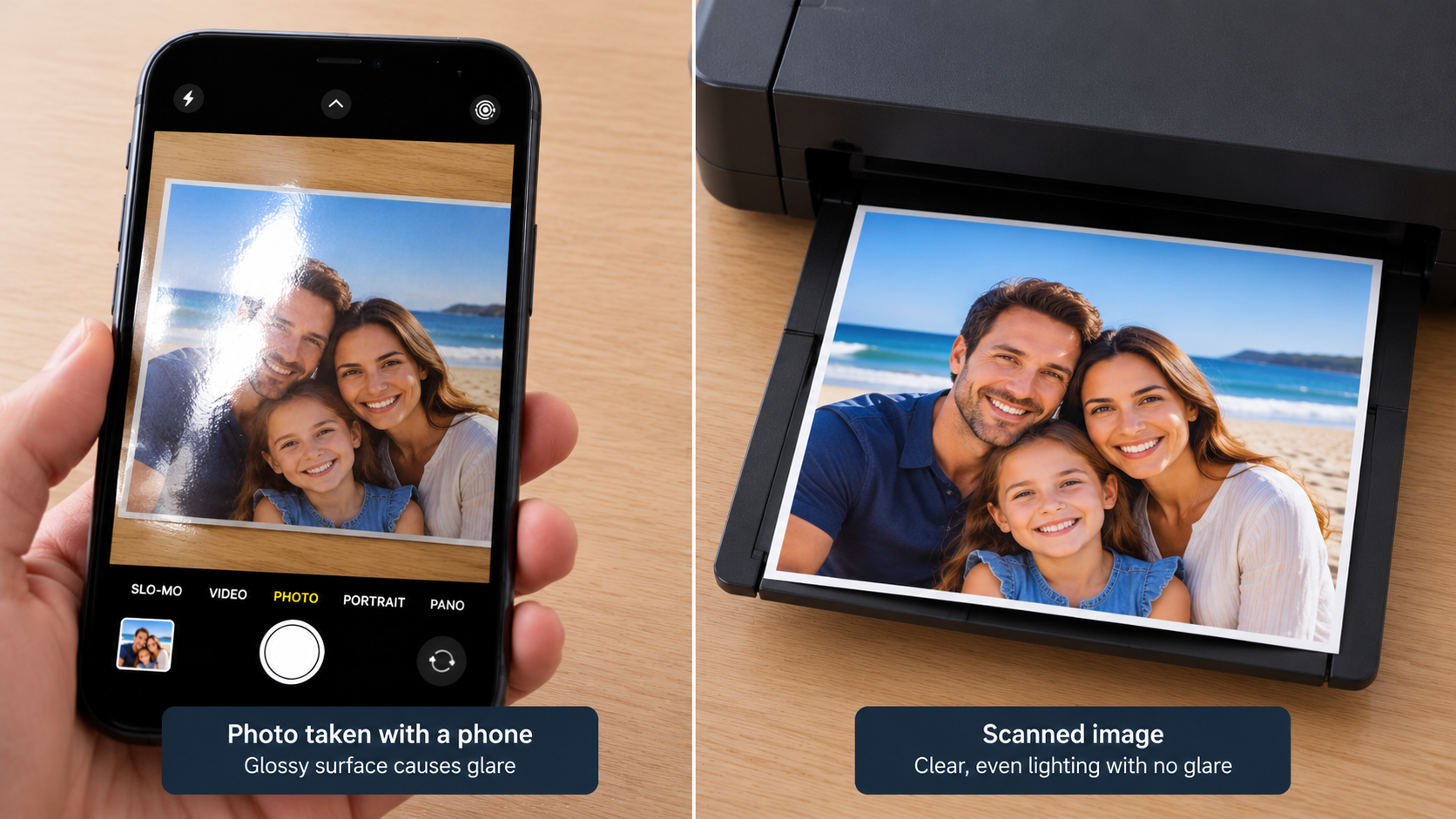 Glossy family photo print showing a bright glare patch when photographed with a phone, next to a glare-free scan of the same print