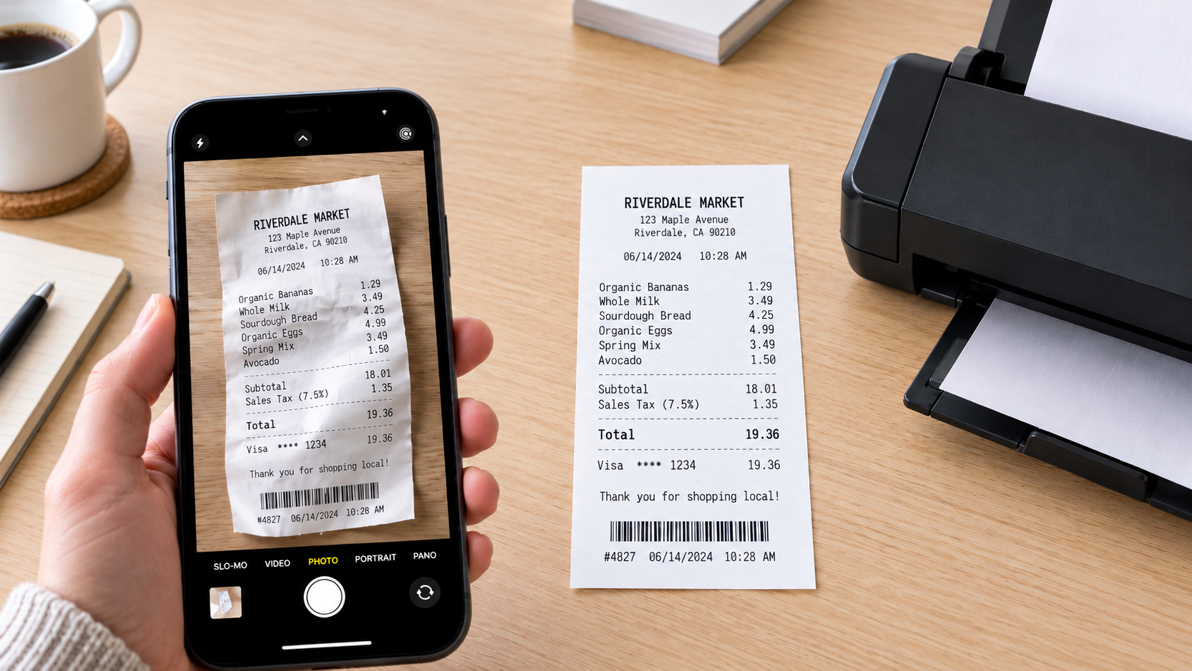 Curled thermal receipt photographed with a phone beside a flat, evenly lit scan of the same receipt from a sheet-fed scanner