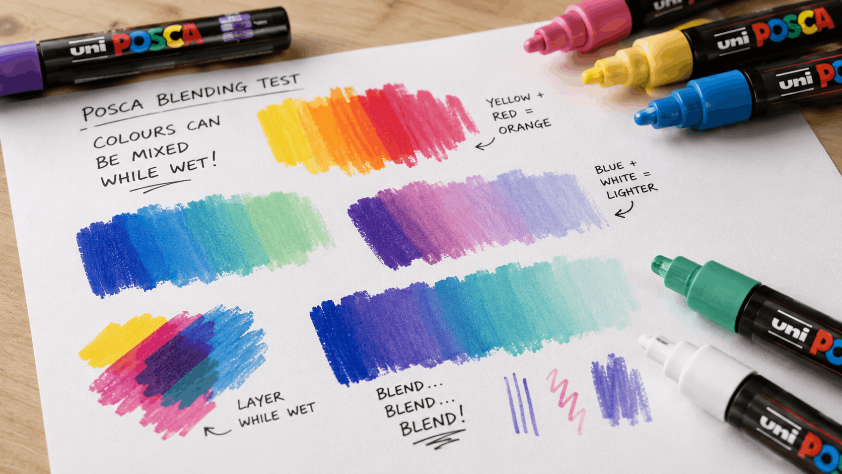 Close-up swatch demonstration showing POSCA colours layered and blended on paper
