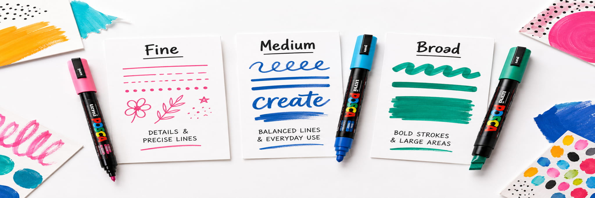 Fine, medium and broad POSCA tip line widths compared side by side on paper