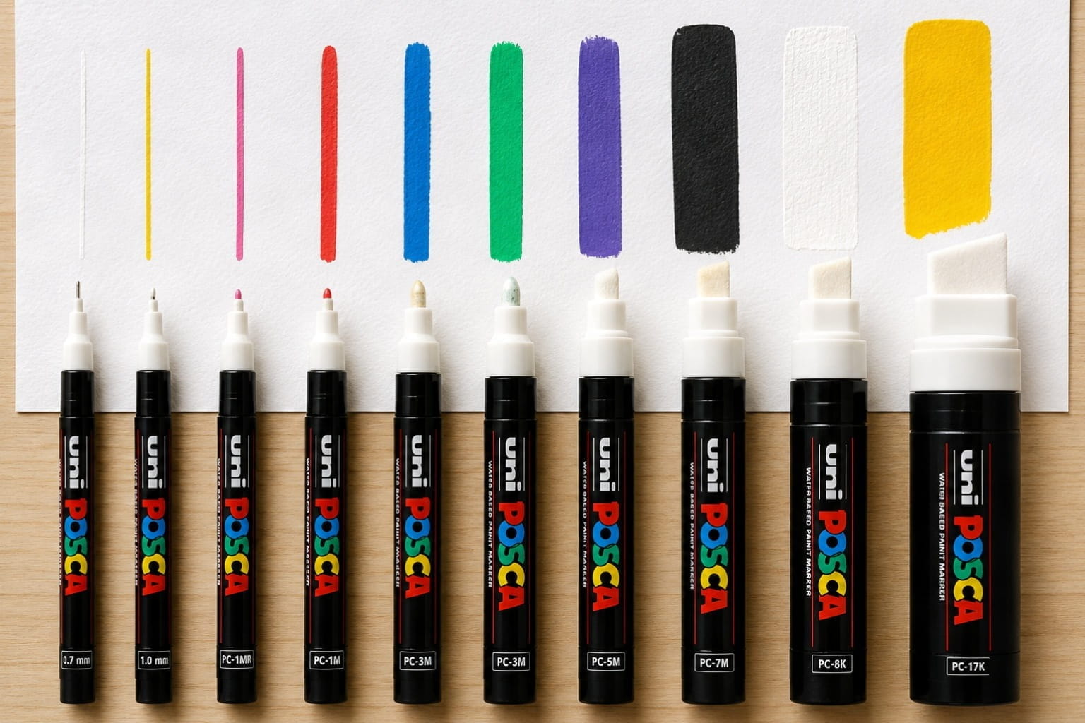 Different Uni POSCA marker tip sizes arranged side by side for an Australian school art activity