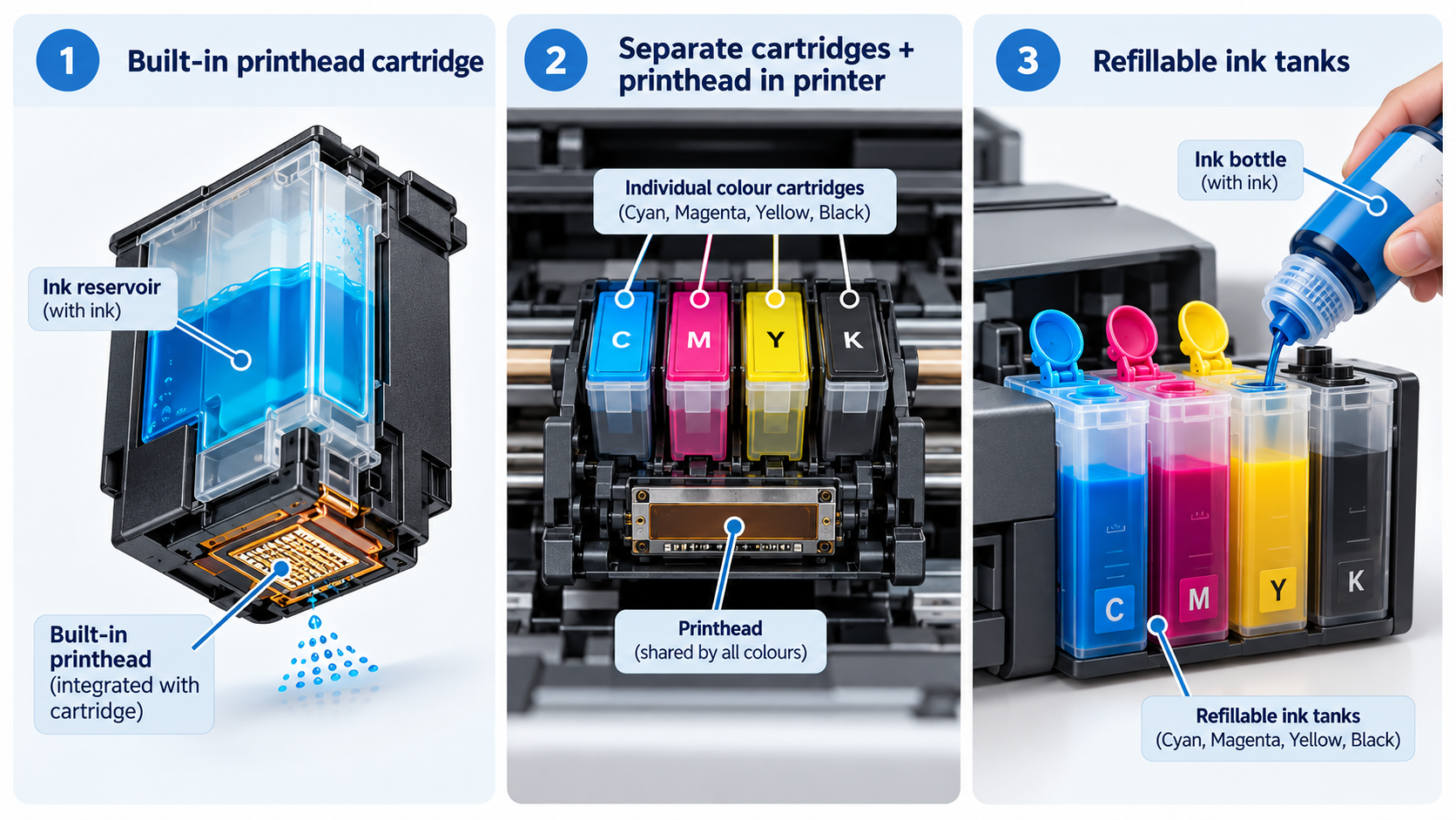 Diagram comparing a cartridge with a built-in printhead, separate colour cartridges sitting on a printhead inside the printer, and refillable ink tanks topped up from a bottle