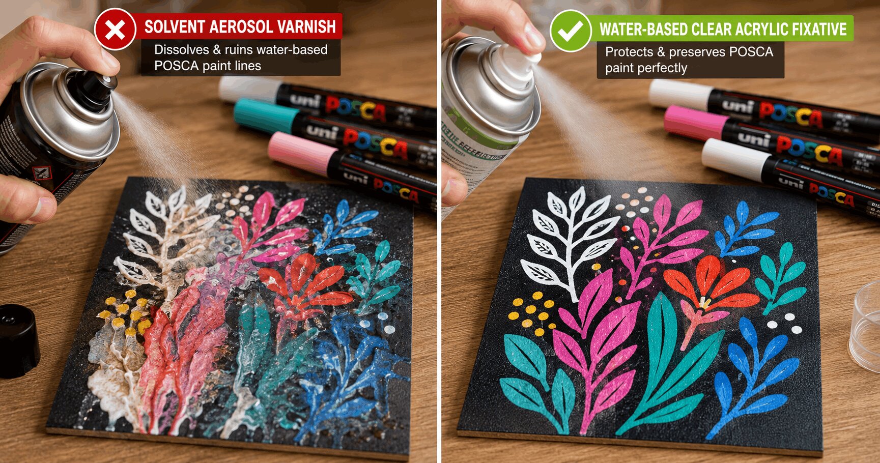 A high-contrast side-by-side comparison showing how a harsh solvent aerosol varnish dissolves and ruins water-based POSCA paint lines compared to a safe, water-based clear acrylic fixative spray.