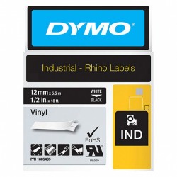 3 Pack DYMO 1805435 White on Black Industrial Rhino Vinyl Label Tape - 12mm x 5.5m