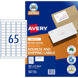 Avery Quick Peel Address Labels with Sure Feed - 38.1 x 21.2 mm 65UP - 1625 Labels - 25 Sheets - Inkjet