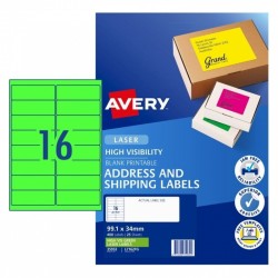 Avery Fluoro Green High Visibility Shipping Labels - 99.1 x 34 mm 16UP - 400 Labels - 25 Sheets