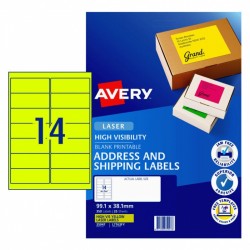 Avery Fluoro Yellow High Visibility Shipping Labels - 99.1 x 38.1 mm 14UP - 350 Labels - 25 Sheets