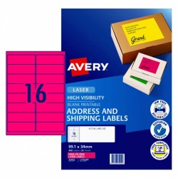 Avery Fluoro Pink High Visibility Shipping Labels - 99.1 x 34 mm 16UP - 400 Labels - 25 Sheets