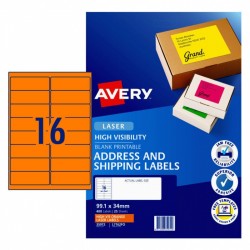 Avery Fluoro Orange High Visibility Shipping Labels - 99.1 x 34 mm 16UP - 400 Labels - 25 Sheets