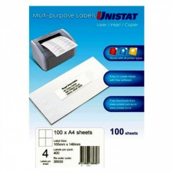 Unistat Laser InkJet Printer Label 4Up 105 x 148 - Box of 100