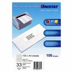 Unistat Laser InkJet Printer Label 33Up 70 x 25mm - Box of 100