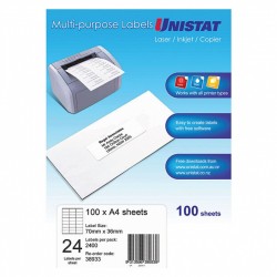Unistat Laser InkJet Printer Label 24Up 70 x 36 - Box of 100