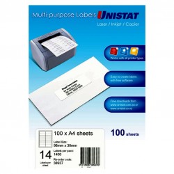 Unistat Laser InkJet Printer Label 14Up 98 x 38mm - Pack of 100