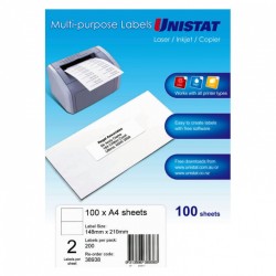 Unistat Laser InkJet Printer Label 2Up 148 x 210 - Pack of 100