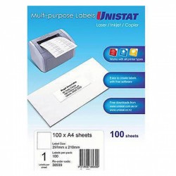 Unistat Laser InkJet Printer Label 1UP 297 x 210 mm - Pack of 100