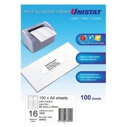 Unistat Laser InkJet Printer Label 16UP - Pack of 100 - Box of 5