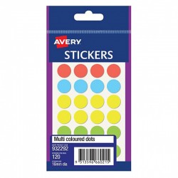 Avery Assorted Colours Dot Stickers - 16mm - Pack of 120