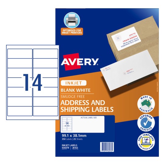 Avery Quick Peel Address Labels with Sure Feed - 99.1 x 38.1mm - 14UP - Pack of 25