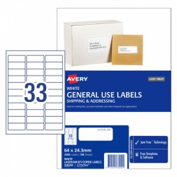 Avery General Use Labels - 64 x 24.3 mm 33UP - 3300 Labels - 100 Sheets