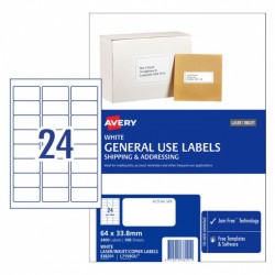 Avery General Use Labels - 64 x 33.8 mm 24UP - 2400 Labels - 100 Sheets