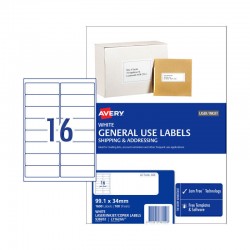 Avery General Use Labels - 99.1 x 34 mm 16UP - 1600 Labels - 100 Sheets
