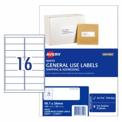 Avery General Use Labels - 99.1 x 34 mm 16UP - 1600 Labels - 100 Sheets