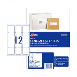 Avery General Use Labels - 63.5 x 72 mm 12UP - 1200 Labels - 100 Sheets